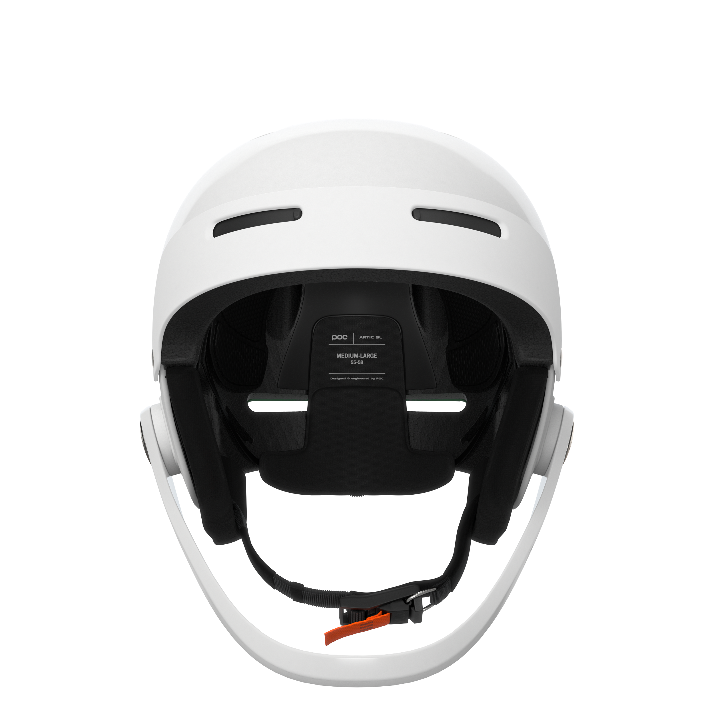Der POC Sports Poc Artic SL Mips ist ein weißer Slalomhelm von vorne gesehen, mit schwarzer Innenpolsterung, mehreren Belüftungsöffnungen und einem schwarzen Kinnriemen mit orangefarbener Schnalle. Er ist kompatibel mit dem Maxilla Breakaway Kinnschutz für zusätzliche Sicherheit.