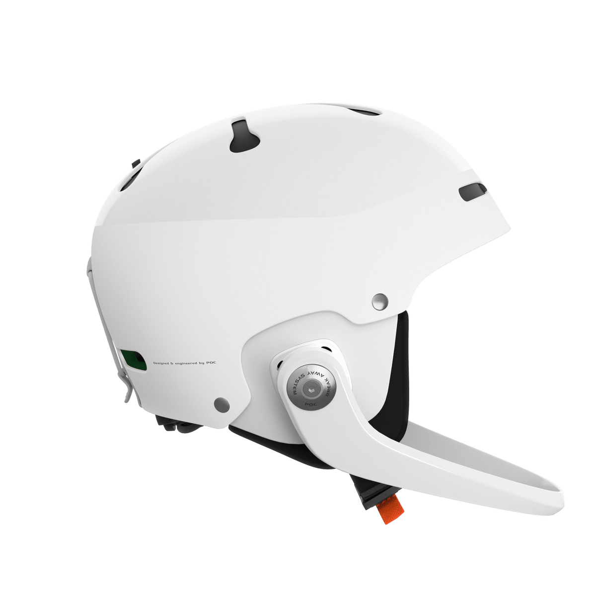 Der POC Sports Poc Artic SL Mips ist ein moderner weißer Slalomhelm mit stromlinienförmigem Design, MIPS Integra, einem verstellbaren seitlichen Zifferblatt, kleinen Belüftungsöffnungen und einem Maxilla Breakaway Kinnschutz, fotografiert auf einem schlichten weißen Hintergrund.