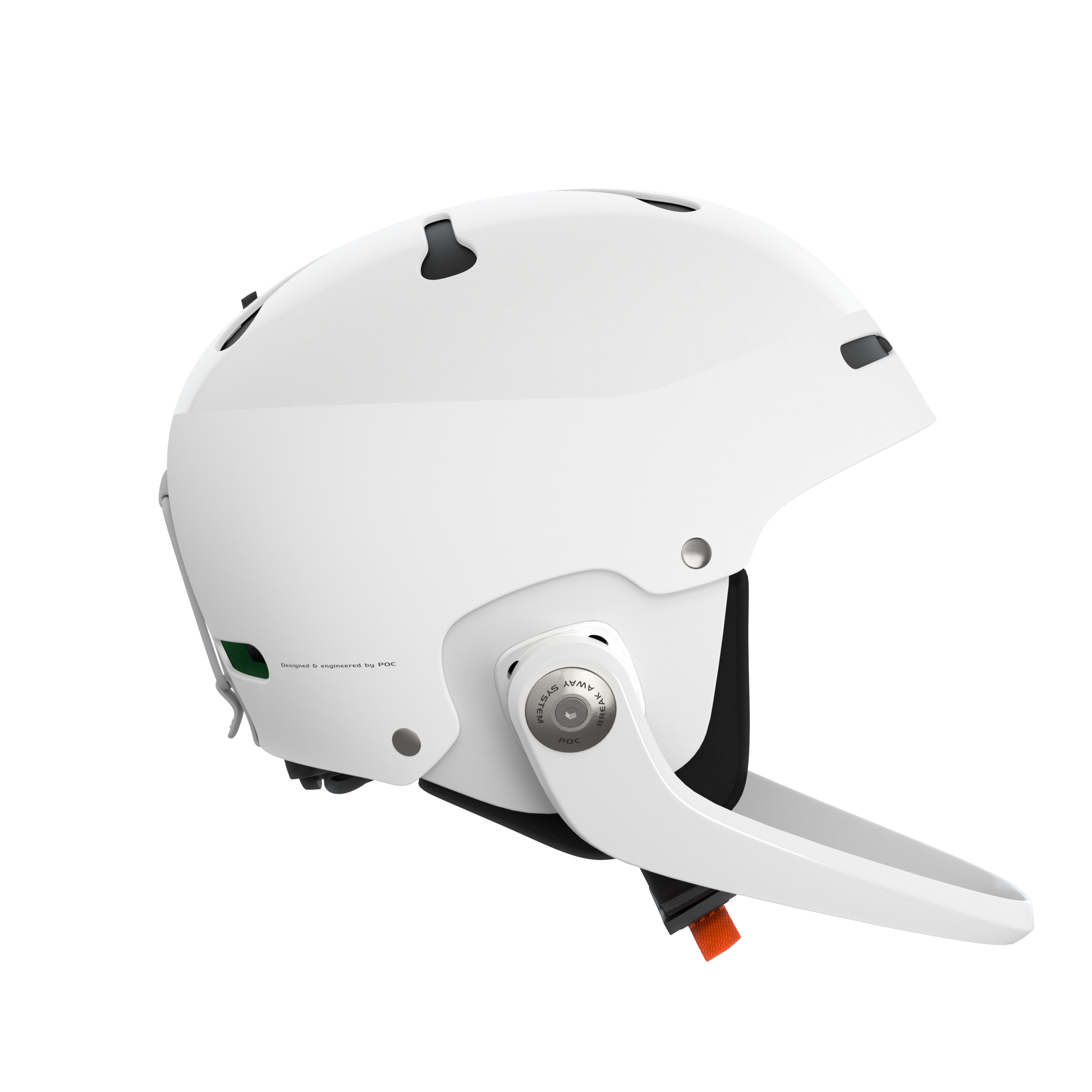 Der POC Sports Poc Artic SL Mips ist ein moderner weißer Slalomhelm mit stromlinienförmigem Design, MIPS Integra, einem verstellbaren seitlichen Zifferblatt, kleinen Belüftungsöffnungen und einem Maxilla Breakaway Kinnschutz, fotografiert auf einem schlichten weißen Hintergrund.