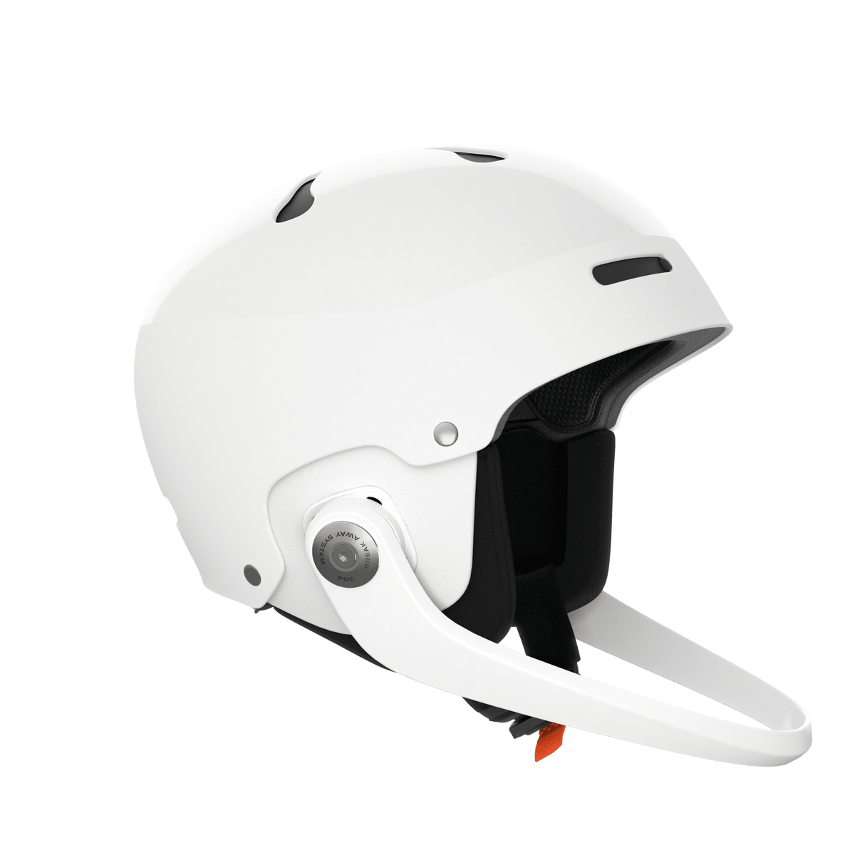Der POC Sports Poc Artic SL Mips ist ein weißer, offener Motorradhelm mit schwarzer Innenausstattung, MIPS-Integra-Technologie, einem hochklappbaren Visier, Belüftungsschlitzen und einem Kinnriemen mit orangefarbener Schnalle, der auf einem schlichten hellen Hintergrund abgebildet ist.