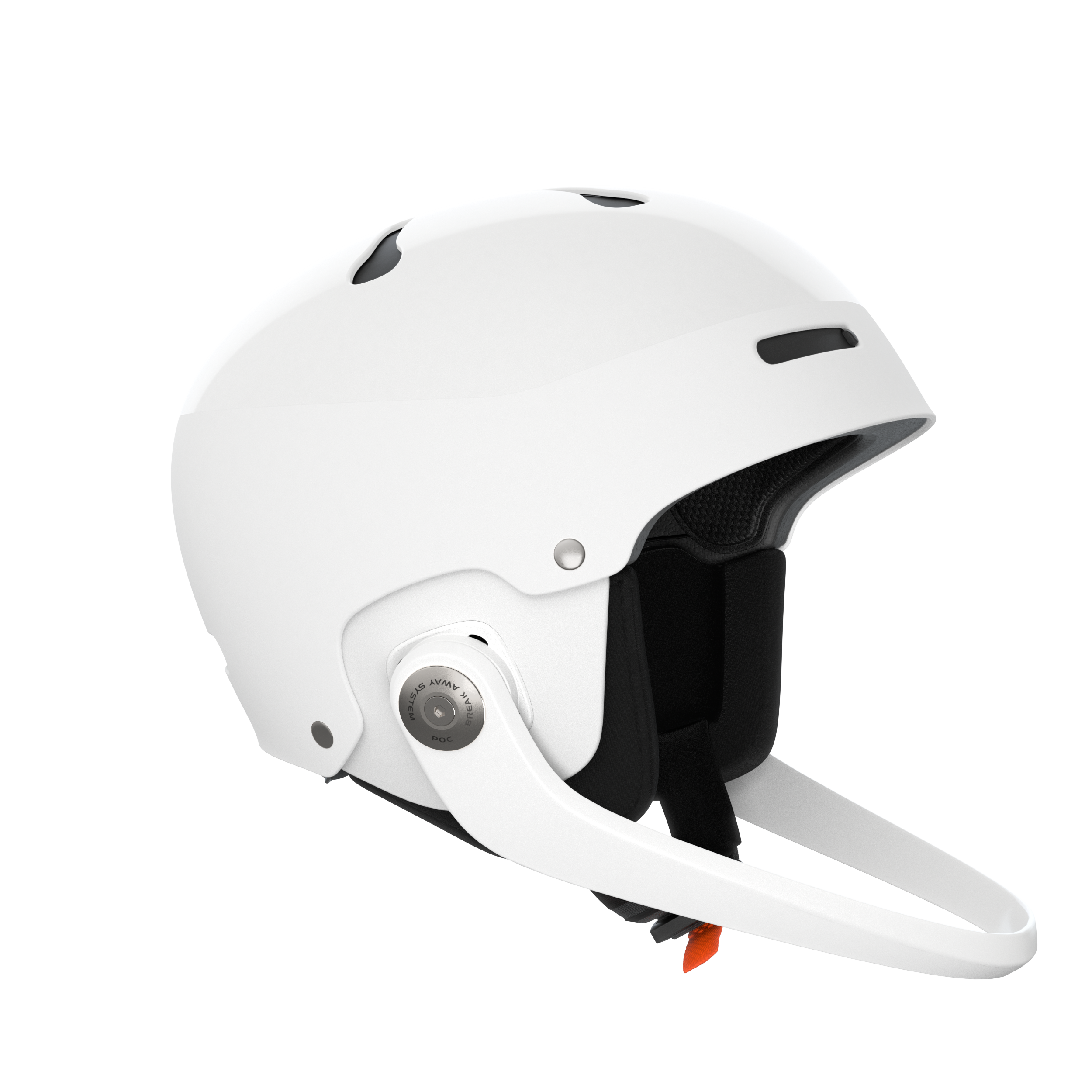 Der POC Sports Poc Artic SL Mips ist ein weißer, offener Motorradhelm mit schwarzer Innenausstattung, MIPS-Integra-Technologie, einem hochklappbaren Visier, Belüftungsschlitzen und einem Kinnriemen mit orangefarbener Schnalle, der auf einem schlichten hellen Hintergrund abgebildet ist.