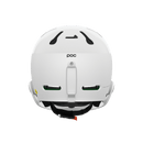 Der weiße Poc Artic SL Mips Helm von POC Sports zeigt sich von hinten, mit Belüftungsschlitzen, einem hinteren Befestigungspunkt, dezentem Branding, schwarzen und grünen Innendetails und integriertem MIPS Integra für erhöhten Schutz.