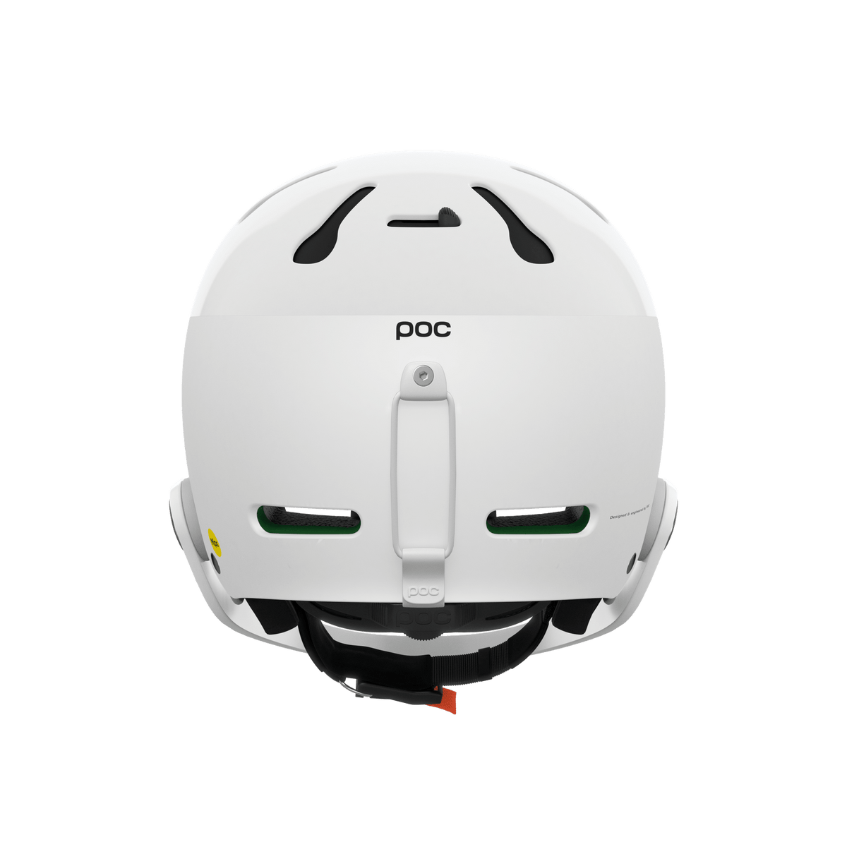Der weiße Poc Artic SL Mips Helm von POC Sports zeigt sich von hinten, mit Belüftungsschlitzen, einem hinteren Befestigungspunkt, dezentem Branding, schwarzen und grünen Innendetails und integriertem MIPS Integra für erhöhten Schutz.