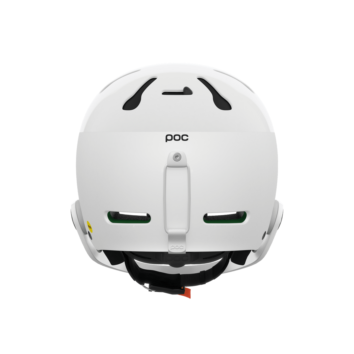 Rückansicht des Poc Artic SL Mips Helms von POC Sports, weiß mit schwarzen Belüftungsöffnungen, MIPS Integra Technologie, einem zentralen weißen Einstellrad, grüner Innenpolsterung und einer orangefarbenen Kinnriemenschnalle auf einem schlichten weißen Hintergrund.