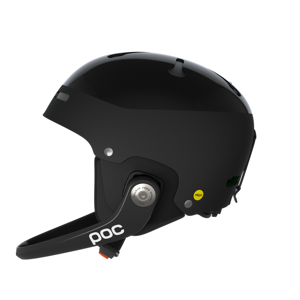Der POC Sports Poc Artic SL Mips Helm, in schwarz, verfügt über einen abnehmbaren Kinnschutz und MIPS Integra. Abgebildet auf der linken Seite auf einem schlichten weißen Hintergrund.