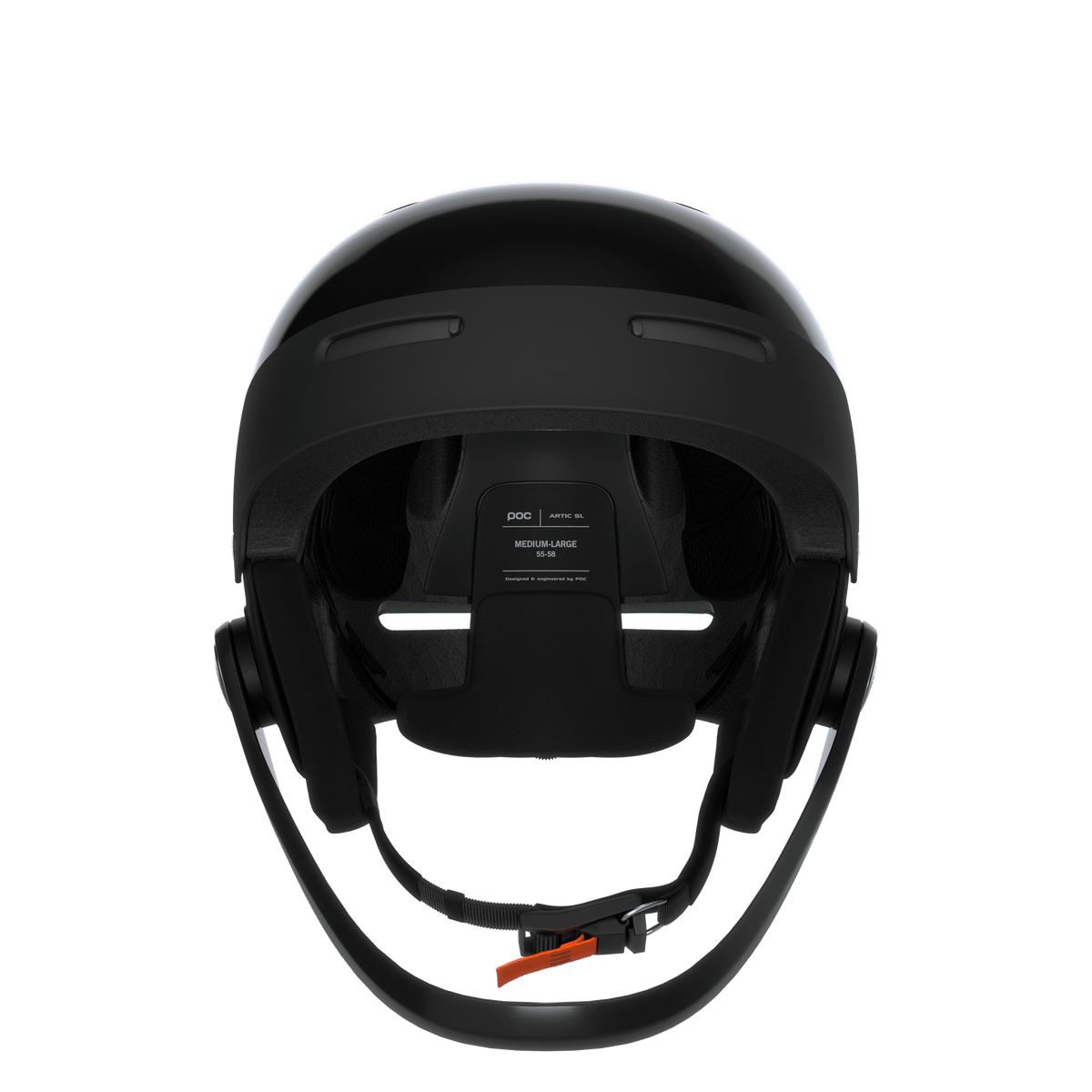 Die Frontansicht des schwarzen POC Sports Poc Artic SL Mips-Helms zeigt die Innenpolsterung, den Kinnriemen mit orangefarbenem Verschluss, den MIPS-Integra-Schutz und die oberen Belüftungsöffnungen.