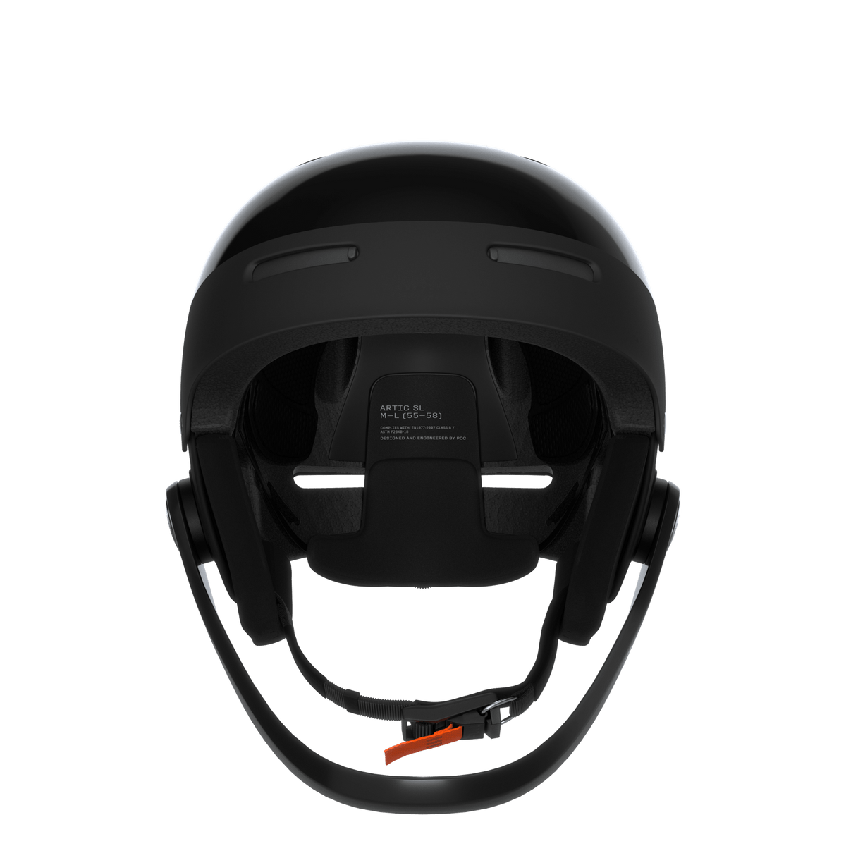 Die Frontansicht des schwarzen POC Sports Poc Artic SL Mips Slalomhelms zeigt die Innenpolsterung, den orangefarbenen Kinnriemen, den MIPS-Integra-Schutz und die oberen Belüftungsöffnungen.