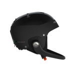Der elegante schwarze Poc Artic SL Mips Helm von POC Sports ist im Profil auf weißem Hintergrund abgebildet und verfügt über einen Kinnschutz, Belüftungsöffnungen, einen silbernen Einstellknopf, das MIPS Integra System und einen orangefarbenen Clip im Kinnbereich.