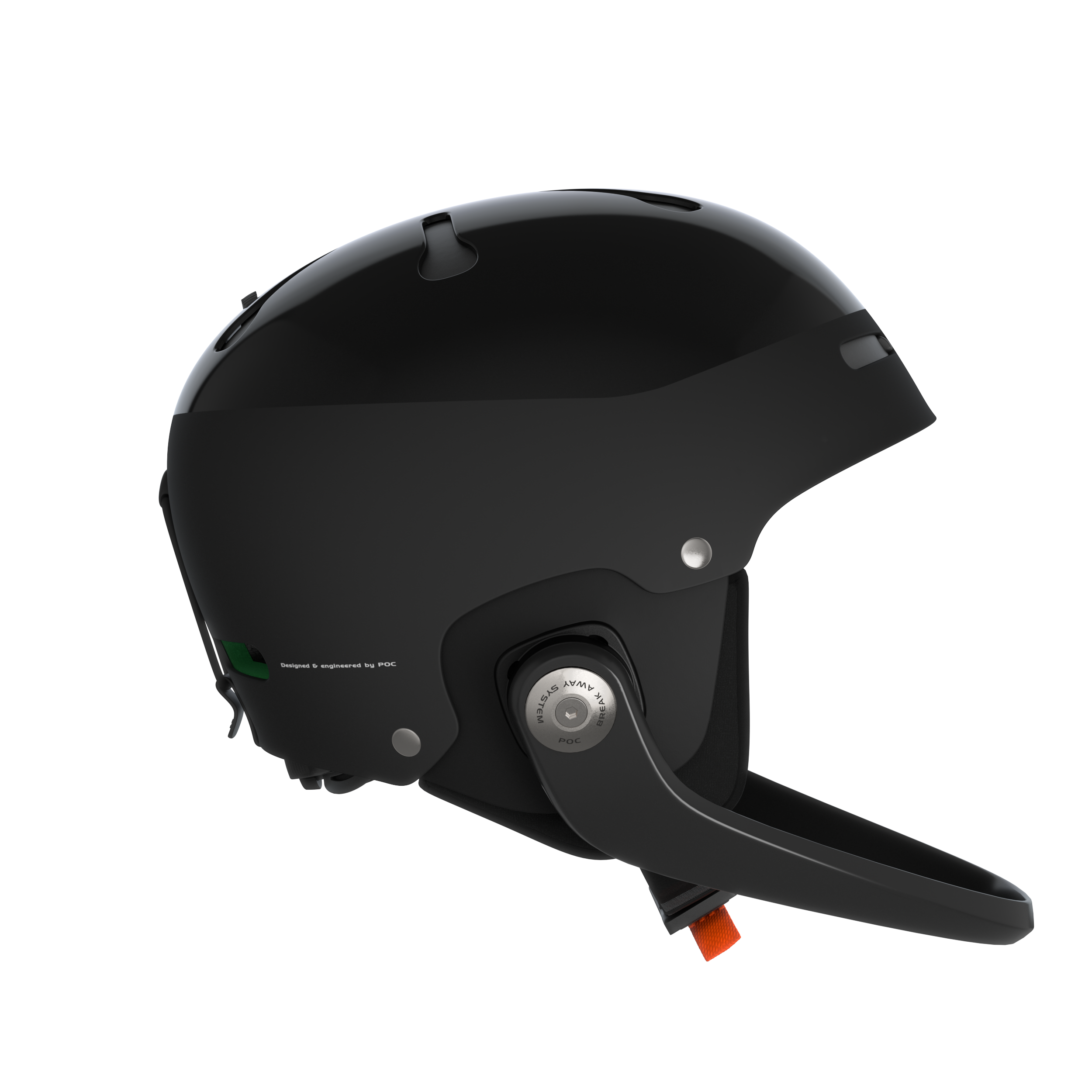 Der elegante schwarze Poc Artic SL Mips Helm von POC Sports ist im Profil auf weißem Hintergrund abgebildet und verfügt über einen Kinnschutz, Belüftungsöffnungen, einen silbernen Einstellknopf, das MIPS Integra System und einen orangefarbenen Clip im Kinnbereich.