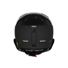 Der POC Sports Poc Artic SL Mips Fahrradhelm in Schwarz wird von hinten gezeigt, wobei der sichere Verschluss, die zwei horizontalen Belüftungsöffnungen, die MIPS Integra Technologie und das schlanke, aerodynamische Design des Slalomhelms hervorgehoben werden.