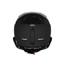 Rückansicht eines schwarzen POC Sports Poc Artic SL Mips-Helms mit Belüftungsschlitzen, einem glänzenden Oberteil, einem verstellbaren Riemen und einem gelben MIPS Integra-Sicherheitslogo auf der linken Seite.