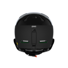 Rückansicht eines schwarzen POC Sports Poc Artic SL Mips-Helms mit Belüftungsschlitzen, einem glänzenden Oberteil, einem verstellbaren Riemen und einem gelben MIPS Integra-Sicherheitslogo auf der linken Seite.