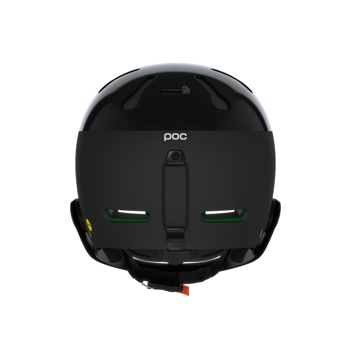 Rückansicht eines schwarzen POC Sports Poc Artic SL Mips-Helms mit Belüftungsschlitzen, einem glänzenden Oberteil, einem verstellbaren Riemen und einem gelben MIPS Integra-Sicherheitslogo auf der linken Seite.