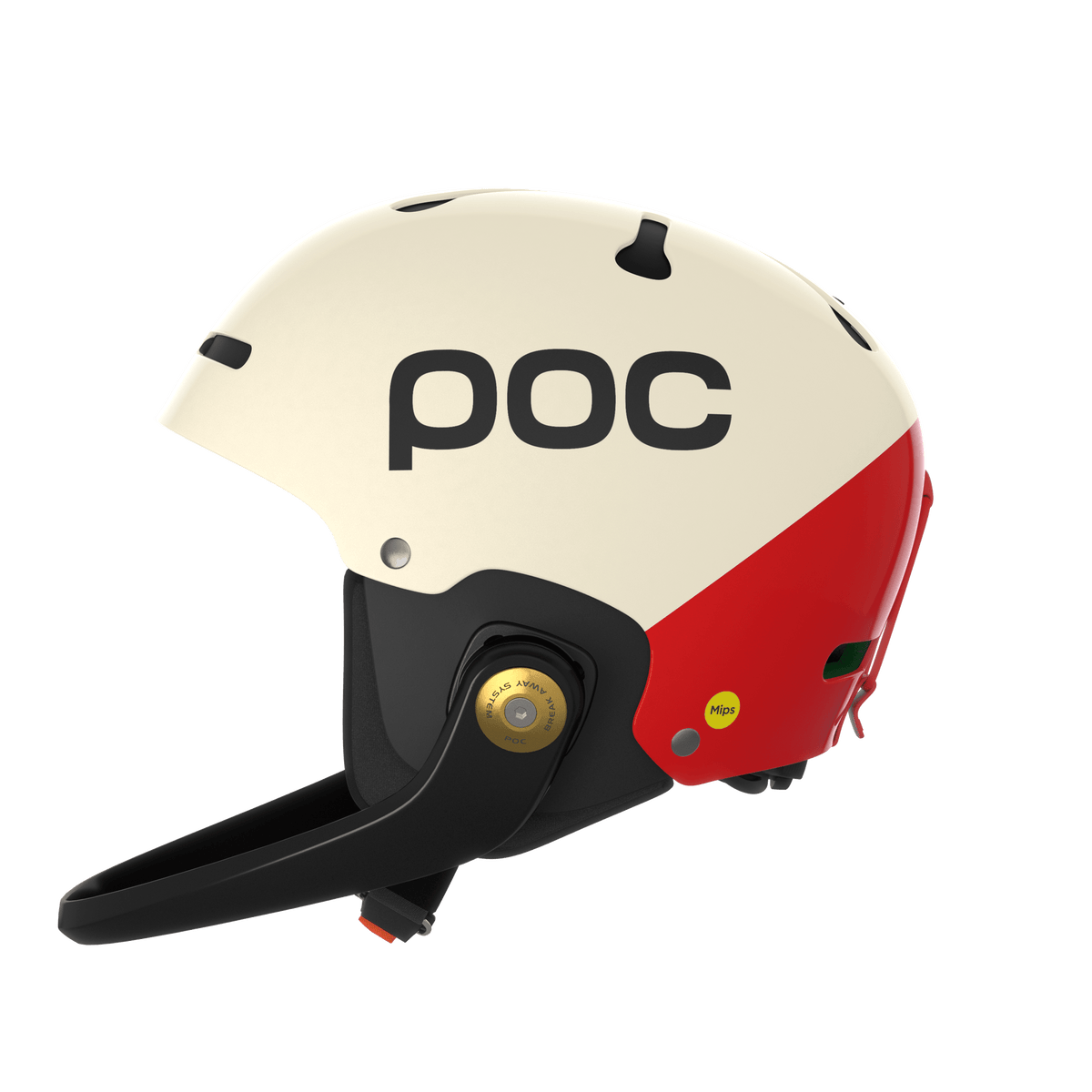 Ein weißer und roter POC Sports Poc Artic SL Mips Skihelm mit schwarzem Kinnschutz, MIPS-Rotationsaufprallschutz und verstellbarer Skala, von der Seite vor einem unifarbenen Hintergrund dargestellt.