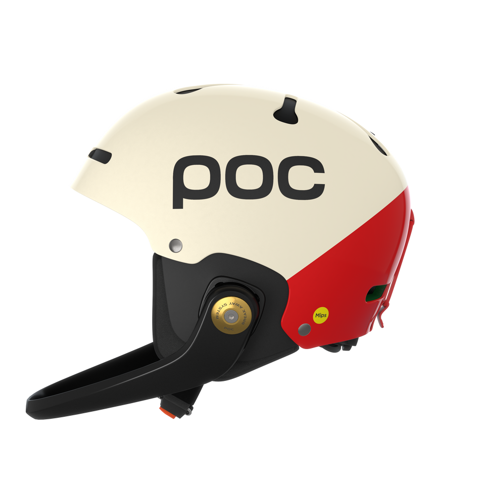 Ein weißer und roter POC Sports Poc Artic SL Mips Skihelm mit schwarzem Kinnschutz, MIPS-Rotationsaufprallschutz und verstellbarer Skala, von der Seite vor einem unifarbenen Hintergrund dargestellt.