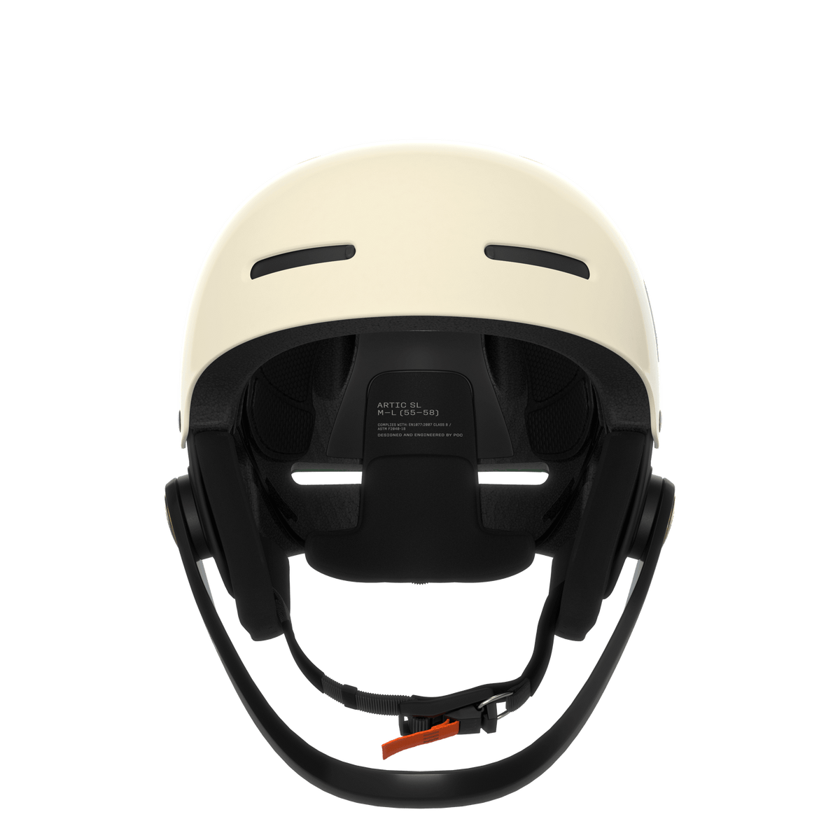 Der POC Sports Poc Artic SL Mips Helm in Creme ist frontal abgebildet, mit schwarzer Innenpolsterung, einem schwarzen, verstellbaren Kinnriemen, oberen Belüftungsschlitzen und fortschrittlichem Rotationsaufprallschutz vor weißem Hintergrund.