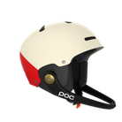 Der POC Sports Poc Artic SL Mips Helm ist weiß und rot mit schwarzer Polsterung, einem Kinnschutz, Belüftungsschlitzen, verstellbarem Riemen, Rotationsaufprallschutz (MIPS) und dem POC-Logo in Weiß an der Seite.