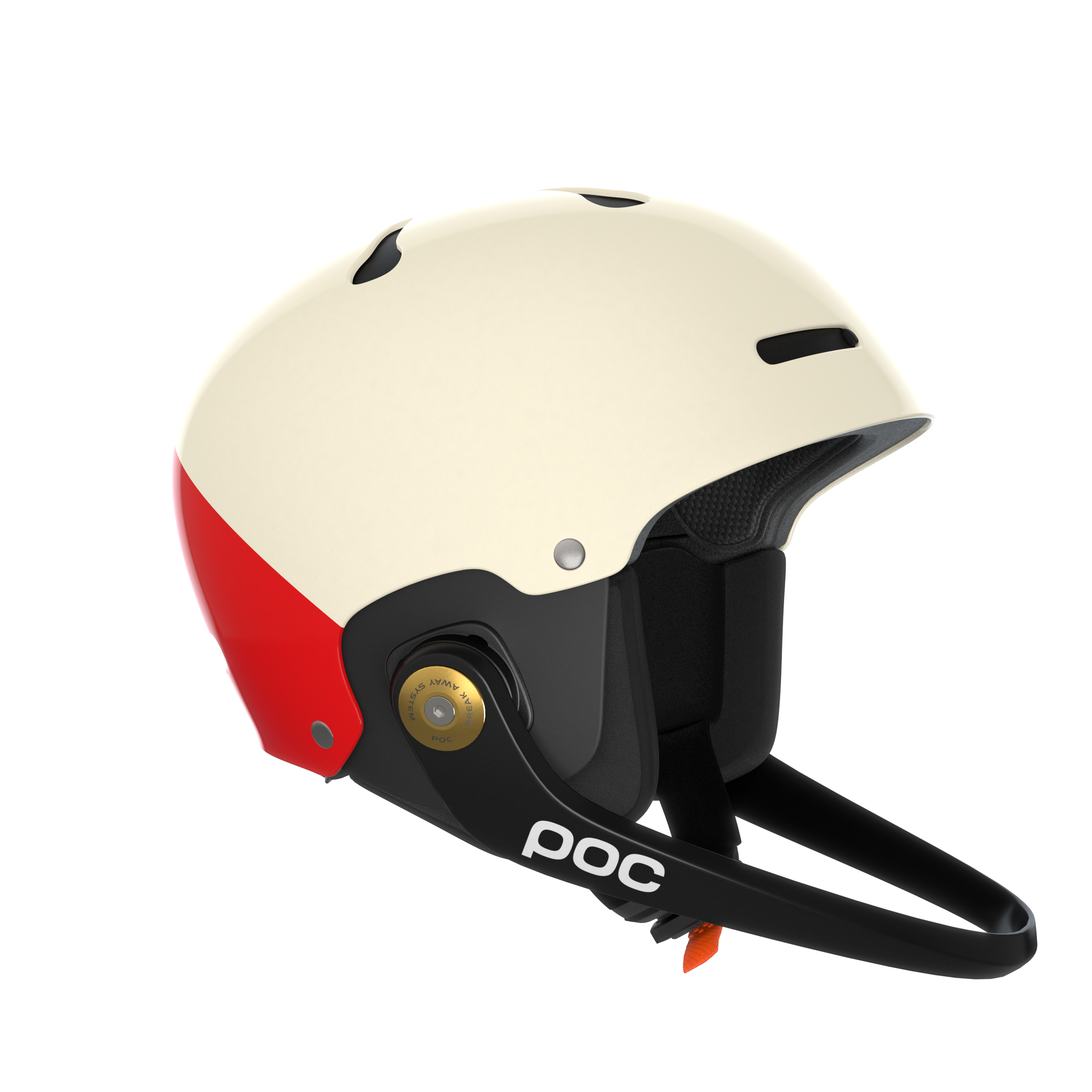Der POC Sports Poc Artic SL Mips Helm ist weiß und rot mit schwarzer Polsterung, einem Kinnschutz, Belüftungsschlitzen, verstellbarem Riemen, Rotationsaufprallschutz (MIPS) und dem POC-Logo in Weiß an der Seite.