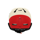 Der POC Sports Poc Artic SL Mips Fahrradhelm, von hinten gesehen, zeigt ein cremefarbenes und rotes Design mit schwarzen Belüftungsöffnungen, einem schwarzen verstellbaren Riemen und einem verspielten Cartoon-Gesicht auf der cremefarbenen Fläche für extra Flair.