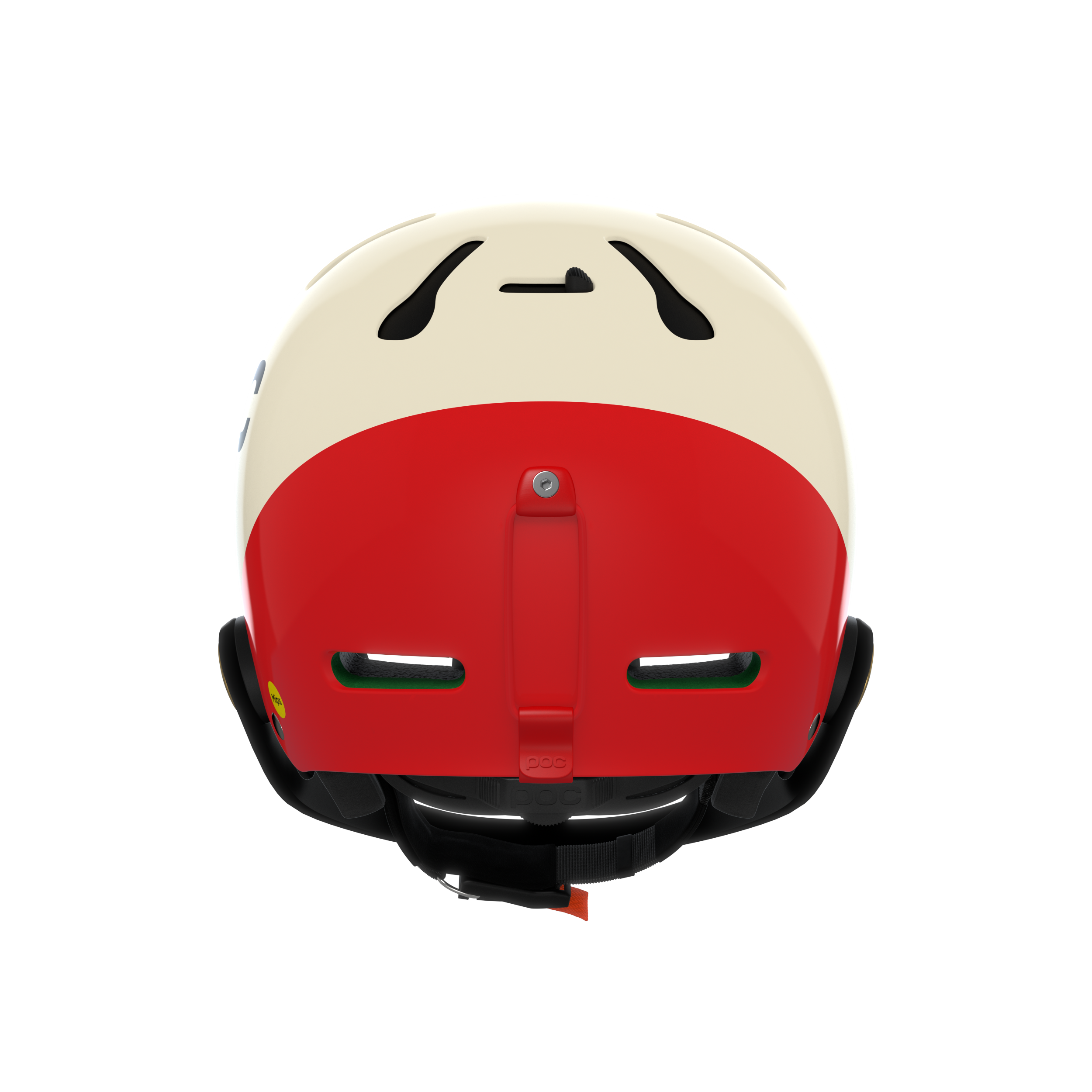 Der POC Sports Poc Artic SL Mips Fahrradhelm, von hinten gesehen, zeigt ein cremefarbenes und rotes Design mit schwarzen Belüftungsöffnungen, einem schwarzen verstellbaren Riemen und einem verspielten Cartoon-Gesicht auf der cremefarbenen Fläche für extra Flair.