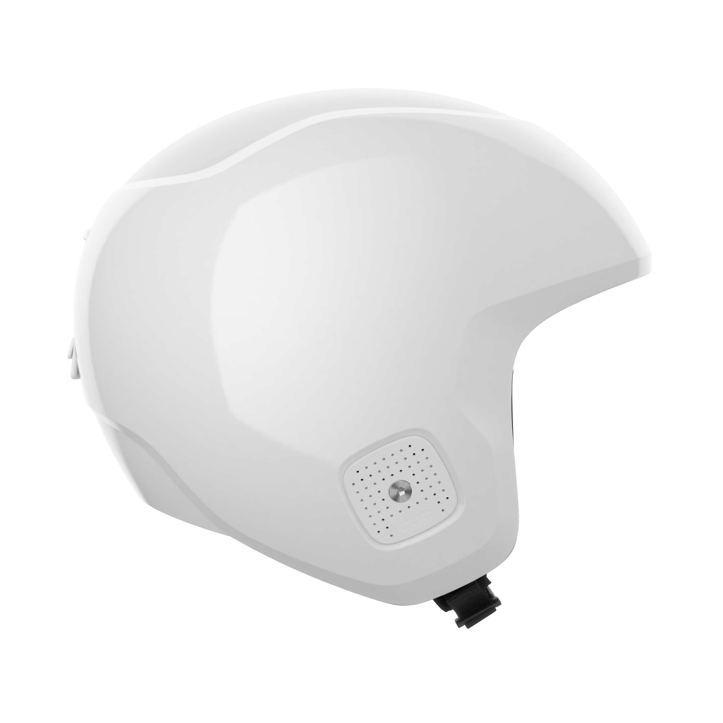 Der POC Sports Skull Dura JR ist ein weißer Integralhelm mit glattem Finish und einer quadratischen Belüftungsöffnung in der Nähe des Kinns, in der Seitenansicht auf einfarbigem Hintergrund. FIS RH 2013 zertifiziert für höchste Sicherheitsstandards.