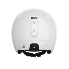 Die Rückansicht des weißen POC Sports Skull Dura JR Helms zeigt einen schwarzen, verstellbaren Kinnriemen, eine rechteckige Halterung und darüber das POC-Logo. Dieser Helm ist FIS RH 2013 zertifiziert und auf einem schlichten weißen Hintergrund abgebildet.