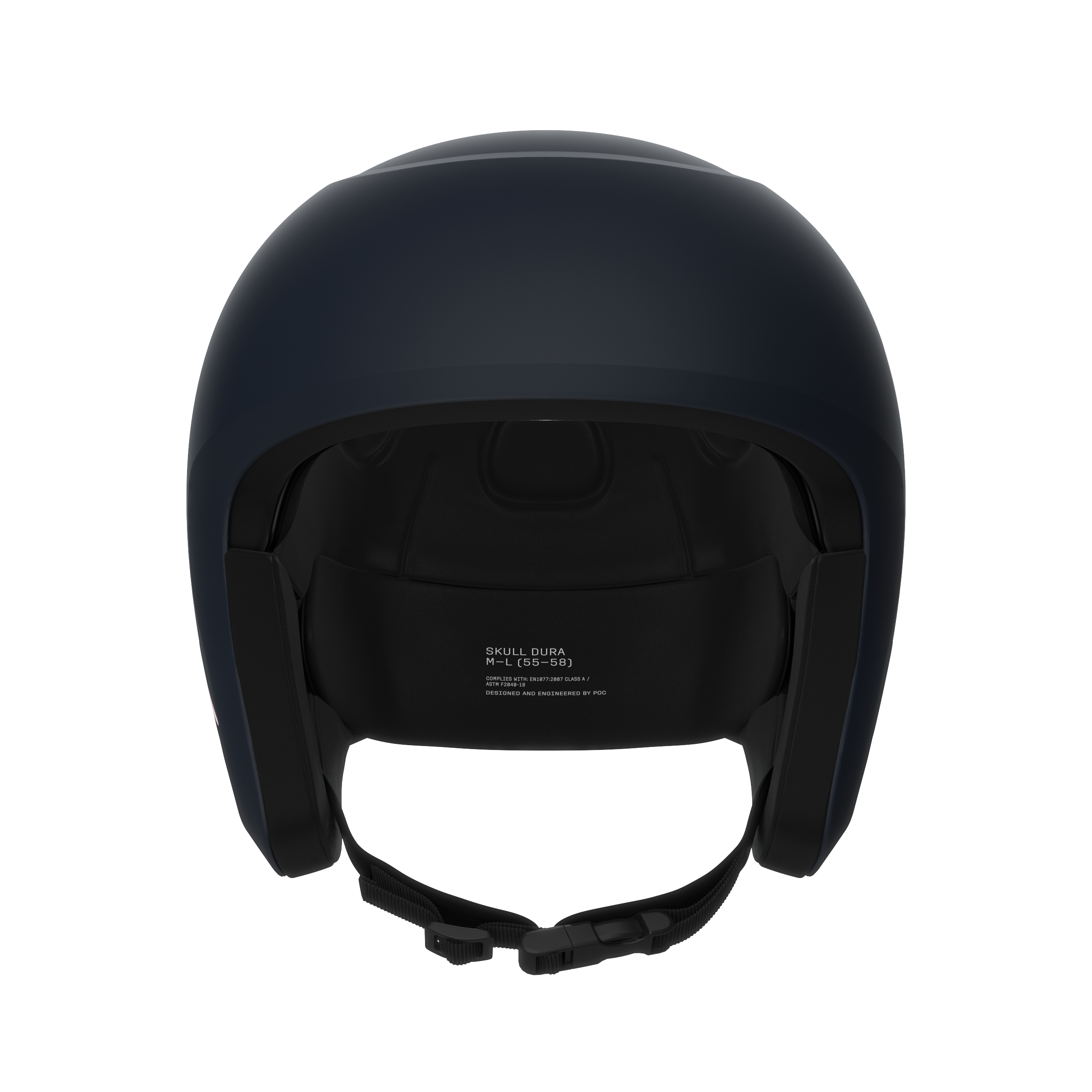 Ein mattschwarzer POC Sports POC Skull Dura JR Helm von vorne gesehen, mit offenem Gesicht, gepolsterter Innenseite und einem befestigten Kinnriemen mit Sicherheitsschnalle.