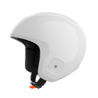 Der POC Sports Poc Skull Dura X Mips ist ein moderner weißer Helm mit glatter Oberfläche, schwarzer Polsterung, orangefarbenem Kinnriemen, belüftetem Paneel für Luftzirkulation und verbessertem Schutz durch MIPS. Abgebildet auf einfarbig weißem Hintergrund.