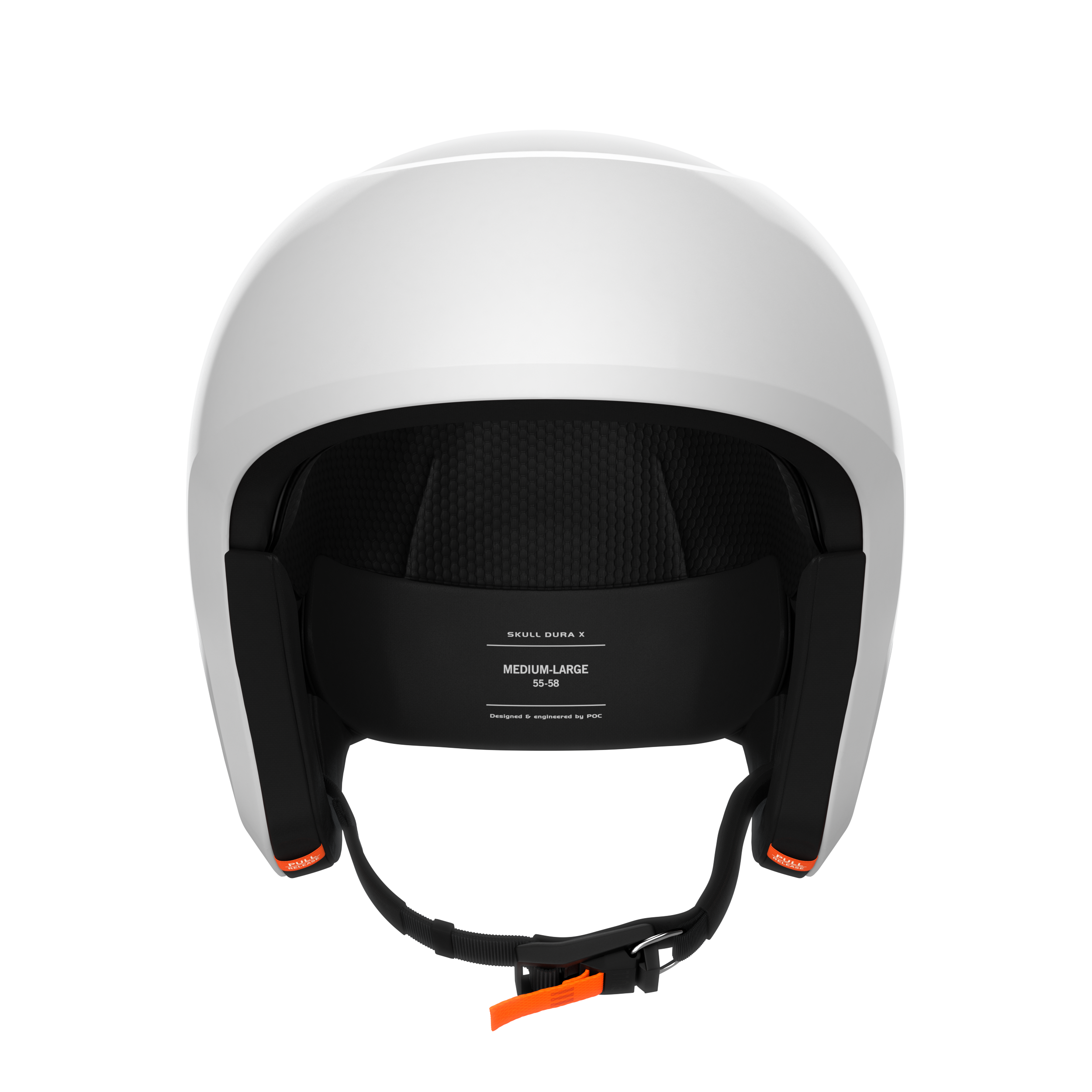 Ein weißer POC Sports Poc Skull Dura X MIPS-Helm, von vorne gesehen, verfügt über eine schwarz gepolsterte Innenausstattung, einen verstellbaren Kinnriemen mit orangefarbenen Details, das Größenetikett Medium-Large (55-58) und einen Rotationsaufprallschutz für zusätzliche Sicherheit.
