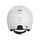 Ein POC Sports Poc Skull Dura X Mips-Helm in Weiß wird von hinten gezeigt, mit einem schwarzen verstellbaren Riemen, einem gelben MIPS-Rotationsschutz-Logoaufkleber und einer zentralen rechteckigen Befestigungsplatte.