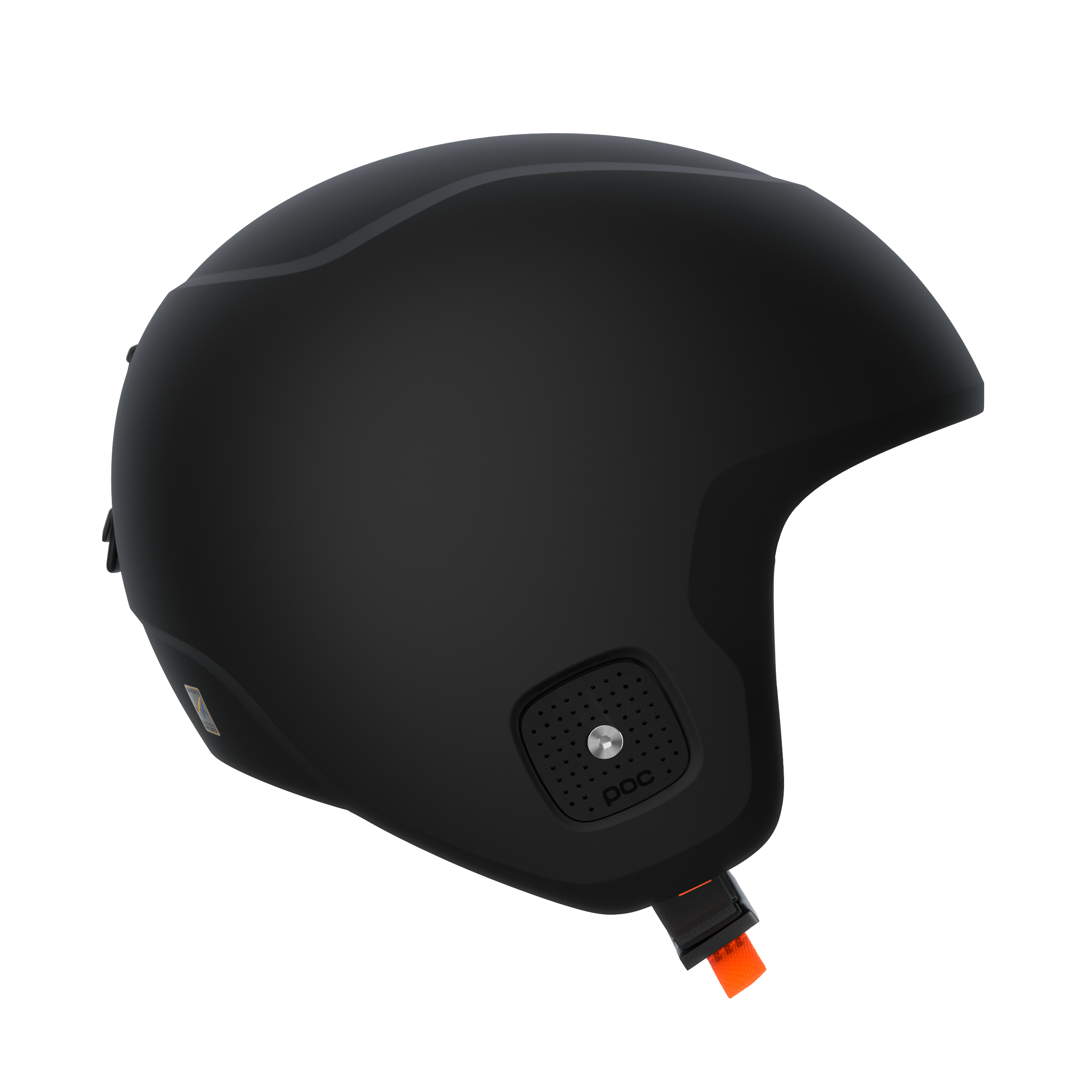 Der POC Sports Poc Skull Dura X Mips ist ein mattschwarzer Ski- und Snowboardhelm mit einem glatten, abgerundeten Design, seitlichen Belüftungsöffnungen, einem orangefarbenen Schnallenriemen und der fortschrittlichen MIPS-Integra-Technologie für höchste Sicherheit.