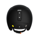 Der schwarze POC Sports Poc Skull Dura X Mips-Helm ist von hinten zu sehen und verfügt über einen gelben MIPS-Sicherheitsaufkleber, eine zentrale Halterung und verstellbare Kinnriemen mit orangefarbener Lasche.