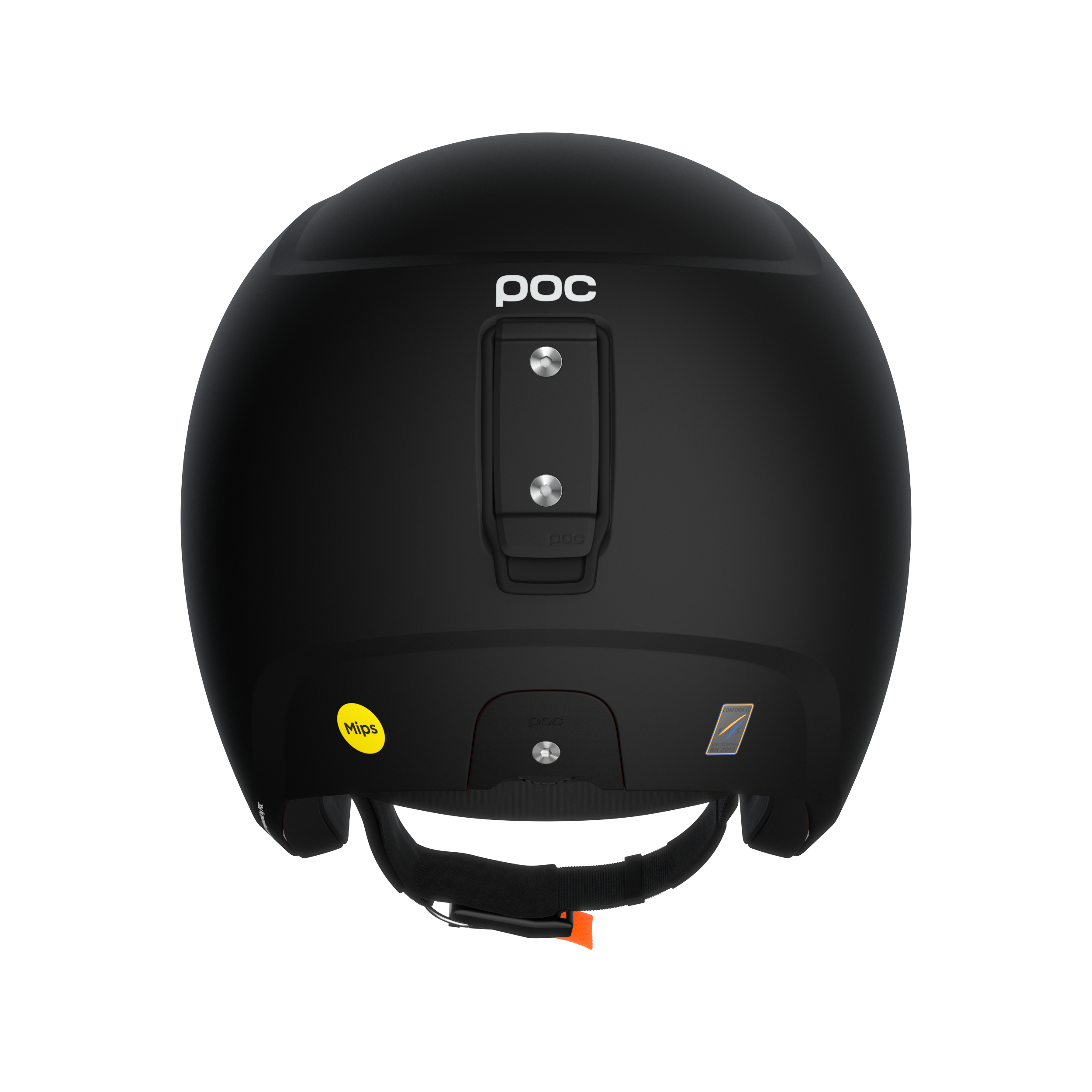 Der schwarze POC Sports Poc Skull Dura X Mips-Helm ist von hinten zu sehen und verfügt über einen gelben MIPS-Sicherheitsaufkleber, eine zentrale Halterung und verstellbare Kinnriemen mit orangefarbener Lasche.