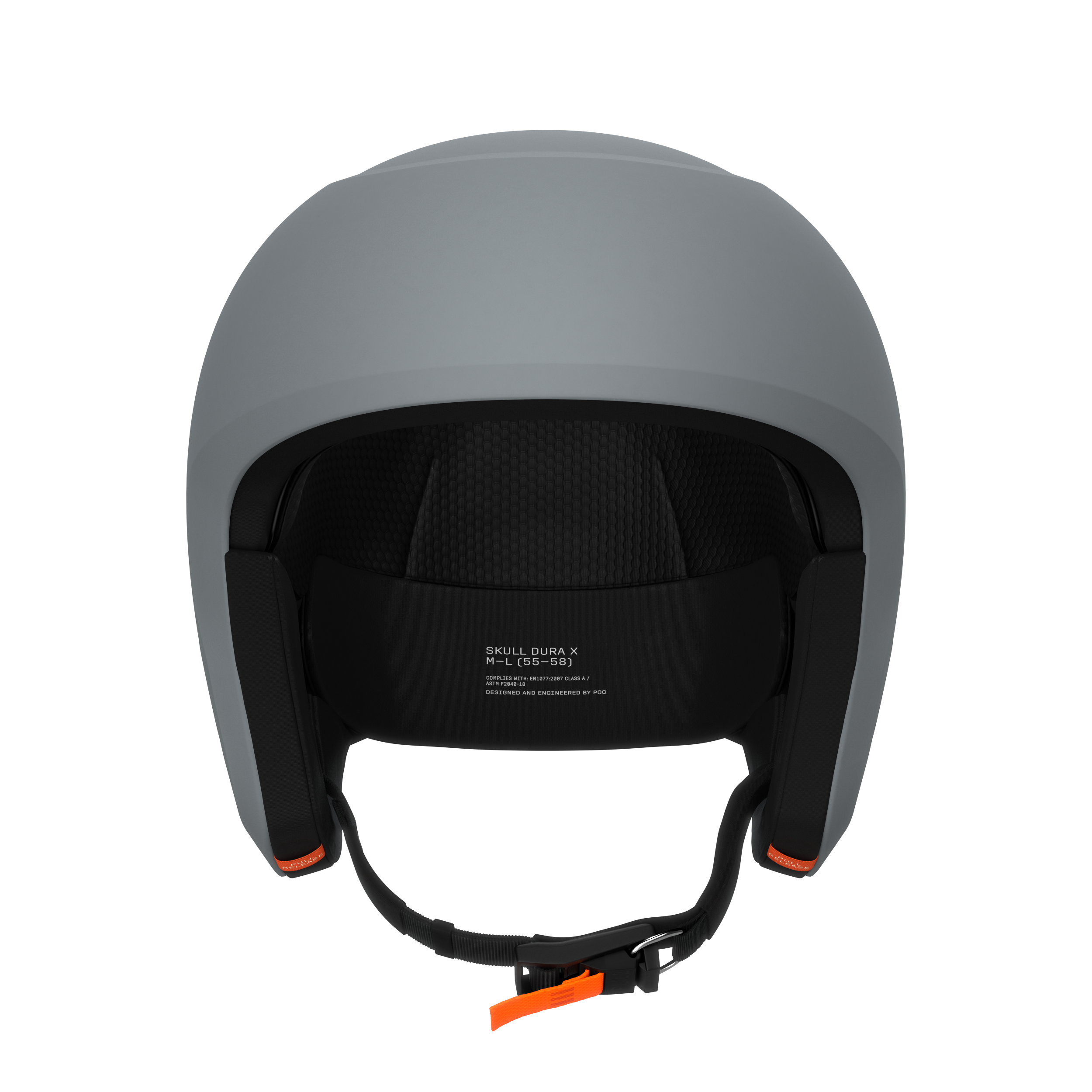 Ein mattgrauer POC Sports Poc Skull Dura X Mips Helm von hinten gesehen, mit sichtbarer Innenpolsterung, einem schwarzen Kinnriemen mit orangefarbenen Laschen und weißem Text auf der Innenseite.