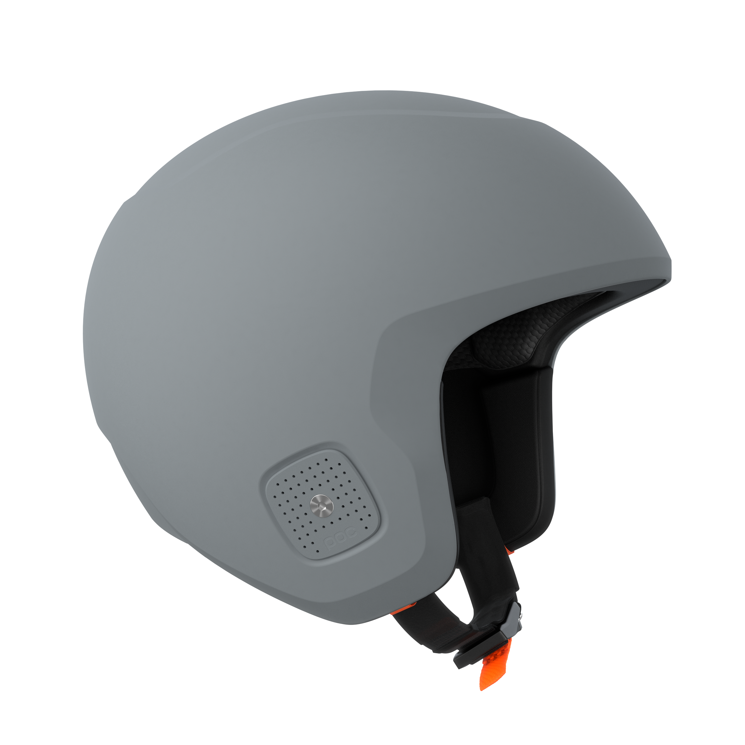 Der POC Sports Poc Skull Dura X Mips ist ein mattgrauer Integralhelm mit schwarzem Innenfutter, Belüftung im Ohrbereich, Kinnriemen mit orangefarbener Schnalle und FIS RH 2013 Zertifizierung.