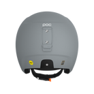 Der POC Sports Poc Skull Dura X Mips Skihelm in Grau ist von hinten abgebildet und zeigt eine rechteckige Halterung, das Mips Sicherheitslogo, einen schwarzen Kinnriemen mit orangefarbenen Details und die FIS RH 2013 Zertifizierung für zusätzliche Sicherheit.