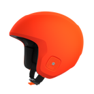 Ein leuchtend orangefarbener POC Sports Poc Skull Dura X Mips Helm mit schwarzer Innenpolsterung, MIPS-Rotationsaufprallschutz und einem verstellbaren Kinnriemen ist im Seitenprofil vor einem schlichten weißen Hintergrund abgebildet.
