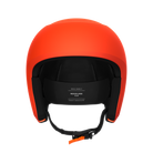 Ein leuchtend orangefarbener POC Sports Poc Skull Dura X Mips Helm wird von vorne gezeigt, mit schwarzer Polsterung, Größenetikett, verstellbarem Kinnriemen mit orangefarbenem Verschluss und fortschrittlichem Rotationsaufprallschutz vor einem schlichten weißen Hintergrund.