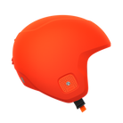 Der POC Sports Poc Skull Dura X Mips Helm verfügt über ein leuchtend orangefarbenes Finish, ein glattes, abgerundetes Design, kleine Belüftungsöffnungen und einen verstellbaren schwarzen Kinnriemen mit orangefarbenen Details. Der Rotationsaufprallschutz erhöht die Sicherheit. Abgebildet auf einfarbig weißem Hintergrund.