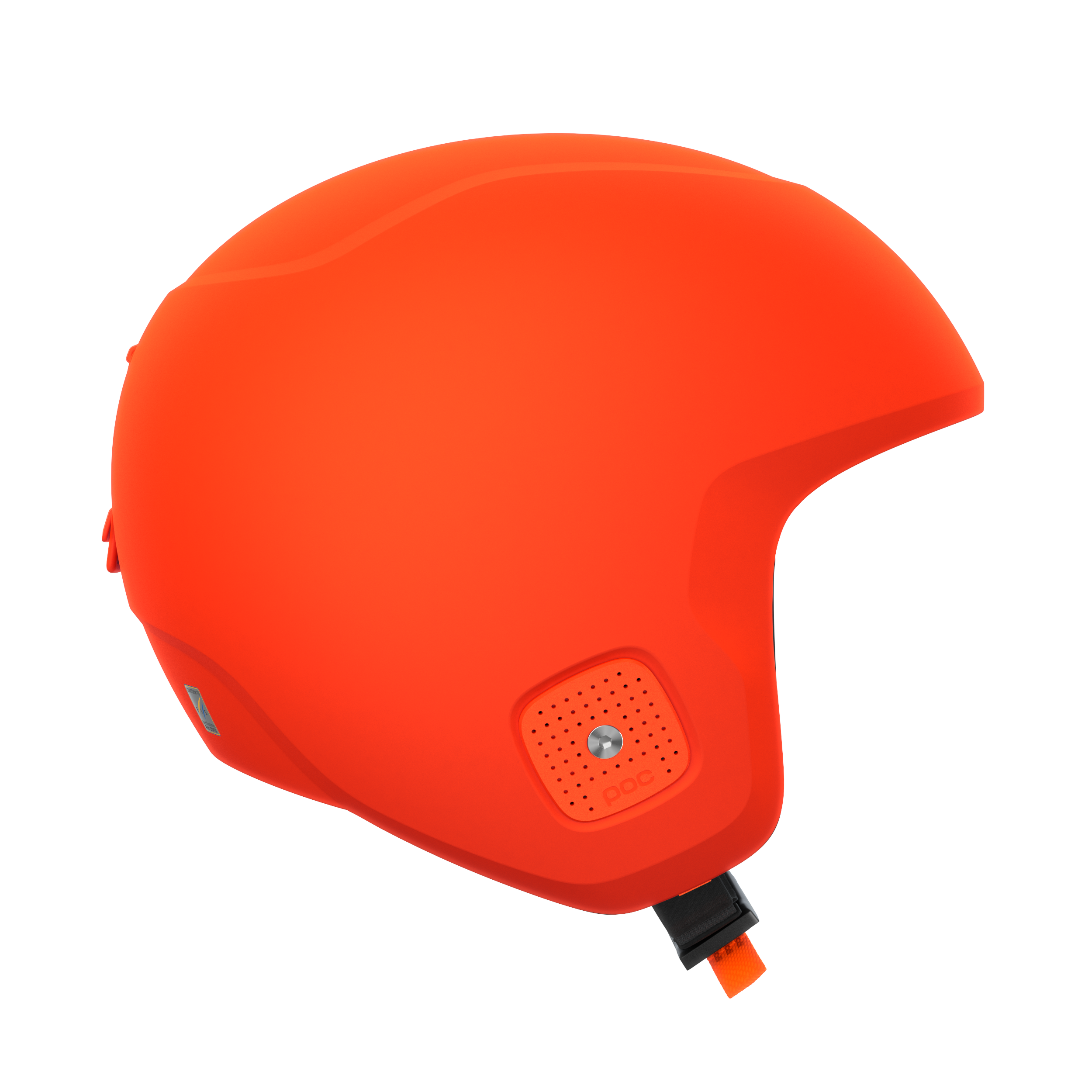 Der POC Sports Poc Skull Dura X Mips Helm verfügt über ein leuchtend orangefarbenes Finish, ein glattes, abgerundetes Design, kleine Belüftungsöffnungen und einen verstellbaren schwarzen Kinnriemen mit orangefarbenen Details. Der Rotationsaufprallschutz erhöht die Sicherheit. Abgebildet auf einfarbig weißem Hintergrund.