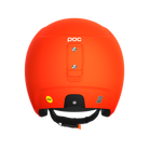 Der POC Sports Poc Skull Dura X Mips Helm in leuchtendem Orange ist von hinten abgebildet und zeigt das MIPS-Logo für den Rotationsaufprallschutz, den verstellbaren Riemen und den Befestigungsschlitz vor einem weißen Hintergrund.
