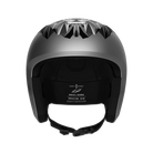 Der Skull Dura Jr Marco Odermatt Ed. ist ein mattschwarzer, offener Helm von POC Sports mit einem geometrischen, facettierten Oberteil, sichtbarer Innenpolsterung, Kinnriemen und SKUL DURA Branding auf der Innenseite (von vorne gesehen).