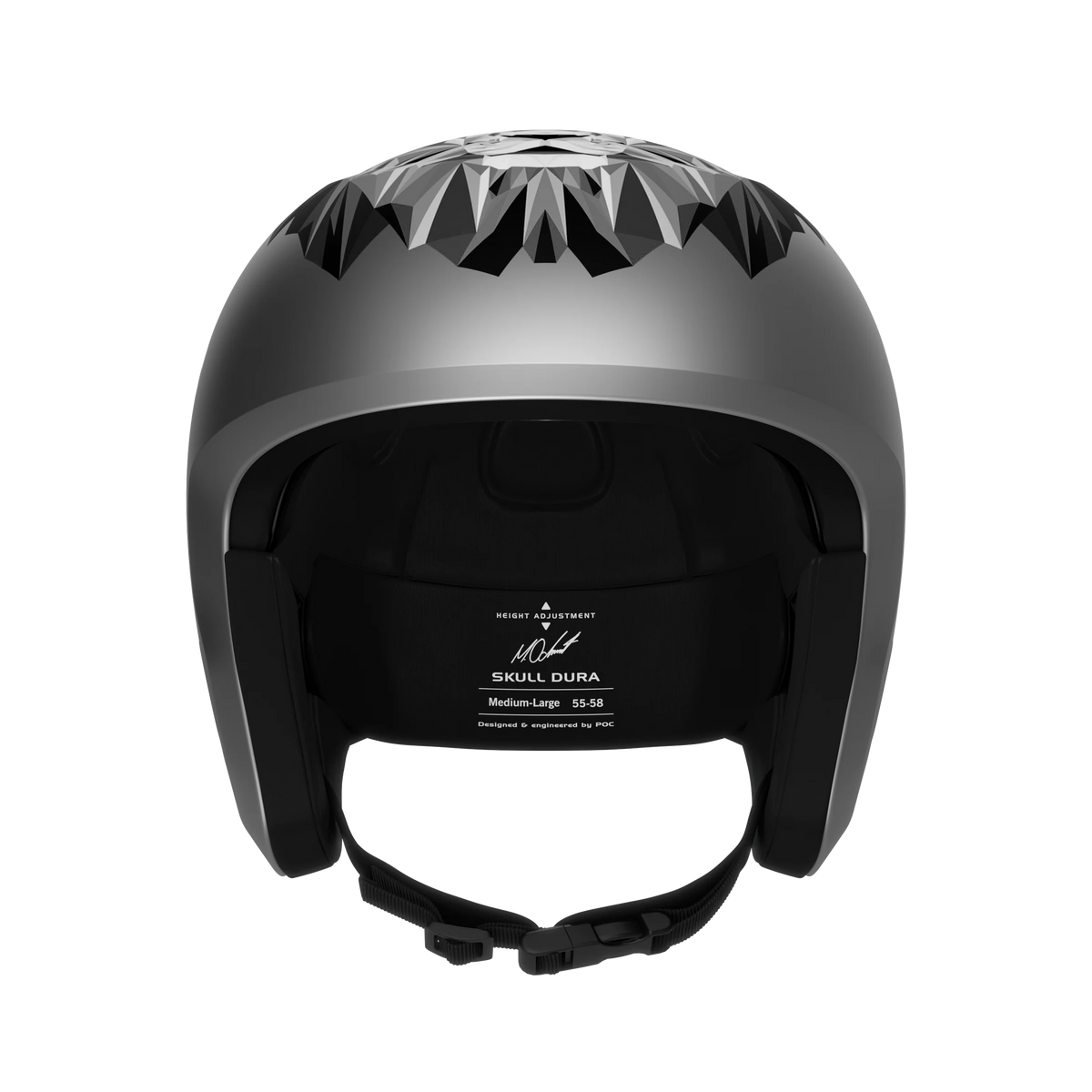 Der Skull Dura Jr Marco Odermatt Ed. ist ein mattschwarzer, offener Helm von POC Sports mit einem geometrischen, facettierten Oberteil, sichtbarer Innenpolsterung, Kinnriemen und SKUL DURA Branding auf der Innenseite (von vorne gesehen).