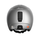 Rückansicht des silbernen POC Sports Skull Dura Jr Marco Odermatt Ed. Helms mit schwarzen Schnallenriemen, zentraler Halterung, Logo oben und POC Branding sowie Sicherheitszertifizierungsaufkleber auf der Rückseite.