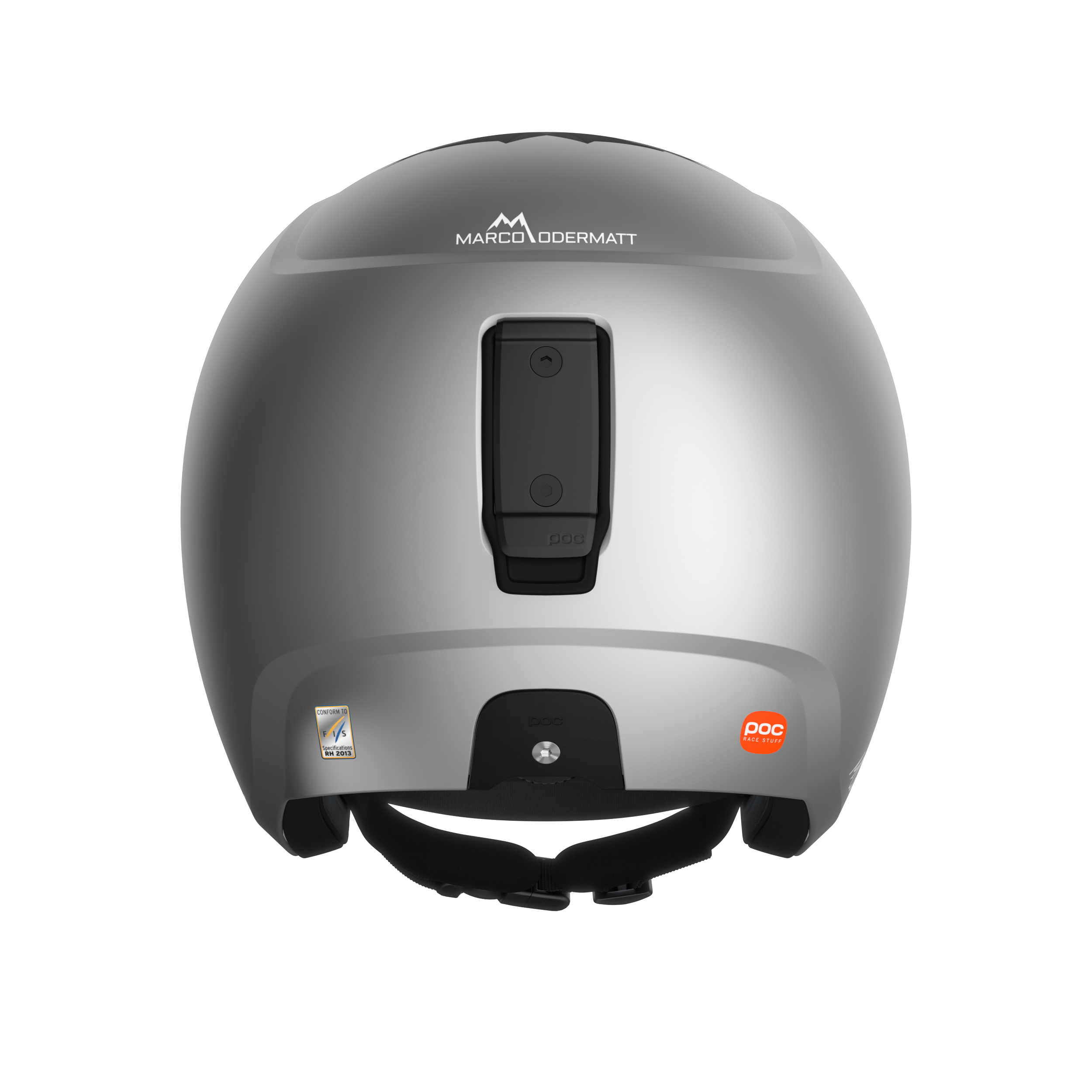 Rückansicht des silbernen POC Sports Skull Dura Jr Marco Odermatt Ed. Helms mit schwarzen Schnallenriemen, zentraler Halterung, Logo oben und POC Branding sowie Sicherheitszertifizierungsaufkleber auf der Rückseite.