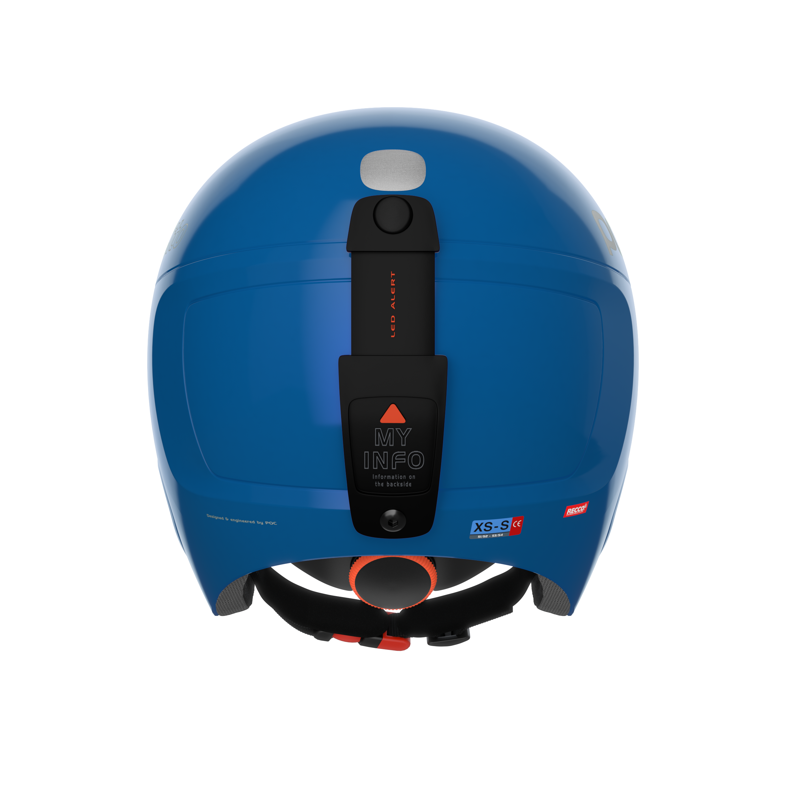 Der POC Sports POCito Skull ist von hinten gesehen ein blauer Helm mit einem schwarzen Mittelteil mit der Aufschrift MY INFO, einem rot hervorgehobenen Knopf, einem verstellbaren Kinnriemen und der Größenangabe XS-S.