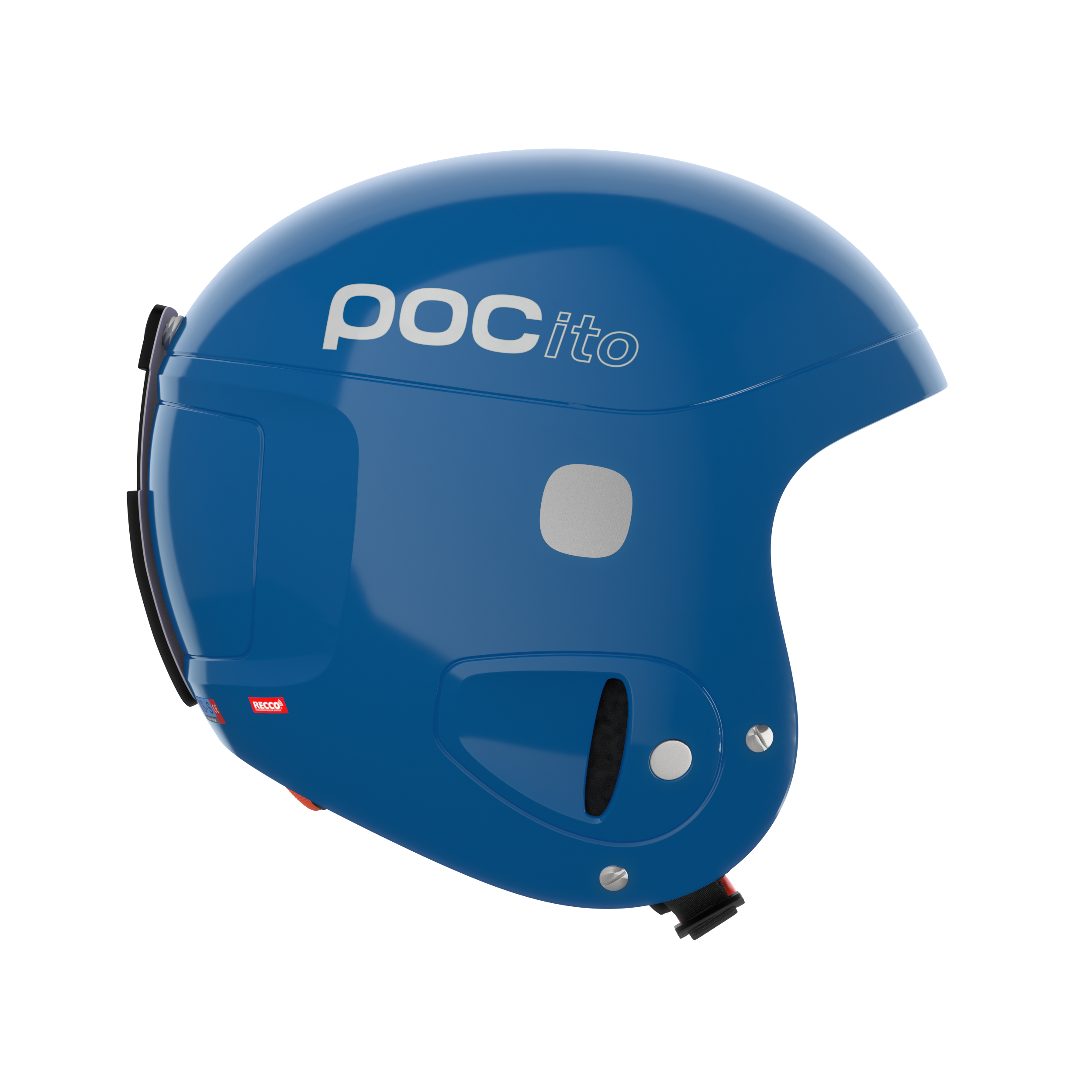 Der POC Sports POCito Skull ist ein blauer Ski- oder Snowboardhelm für Kinder mit dem Schriftzug "POCito" in weißer Schrift, Belüftungslöchern und einem Kinnriemen auf weißem Hintergrund.