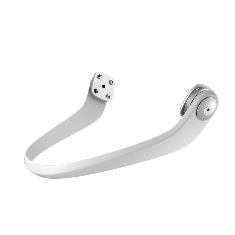 Ein schlanker, gebogener Metallarm, Teil des POC Maxilla Breakaway Systems von POC Sports für den Gesichtsschutz beim Skifahren, zeichnet sich durch eine flache Basis und ein abgerundetes, gelenkartiges Ende aus - dargestellt auf einem schlichten weißen Hintergrund.