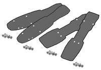 Vier flache, längliche, dunkel gefärbte Head Lifterset Race Pro 5mm Stücke mit vorgebohrten Löchern sind mit mehreren Schraubensätzen daneben ausgelegt, die auf Montagekomponenten der Marke Head hinweisen.