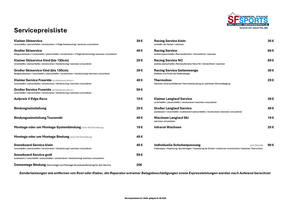 Eine deutsche Preisliste für Ski- und Snowboardservices von SF Sports, einschließlich Optionen für Kinder und Erwachsene, Wachsen, Bindungsanpassung, Reparaturen und verschiedene Servicepakete mit Preisen von 10€ bis 69€.
